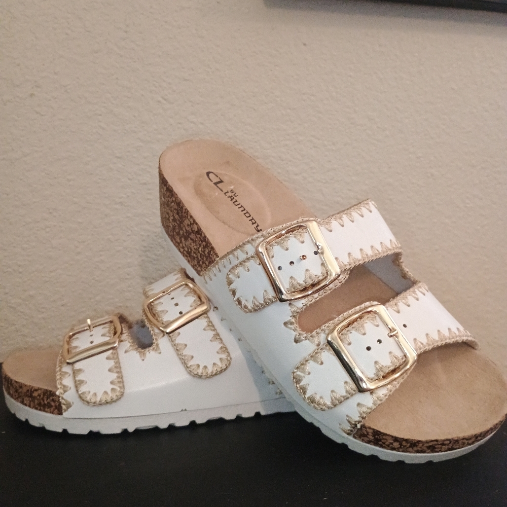 CL by Laundry White Sandal Slides with Gold Buckles